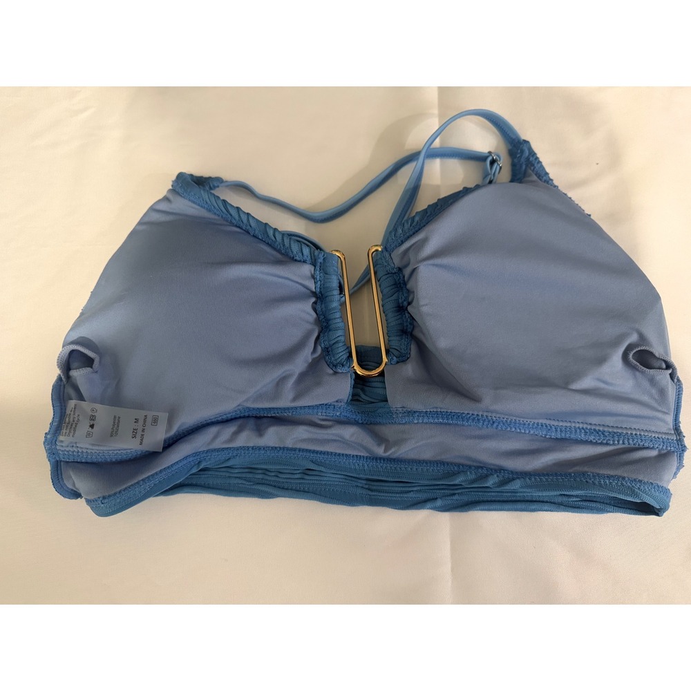 Blue Textured Ripple High Waisted Bikini Set Gold Hardware Size M - Picture 4 of 6